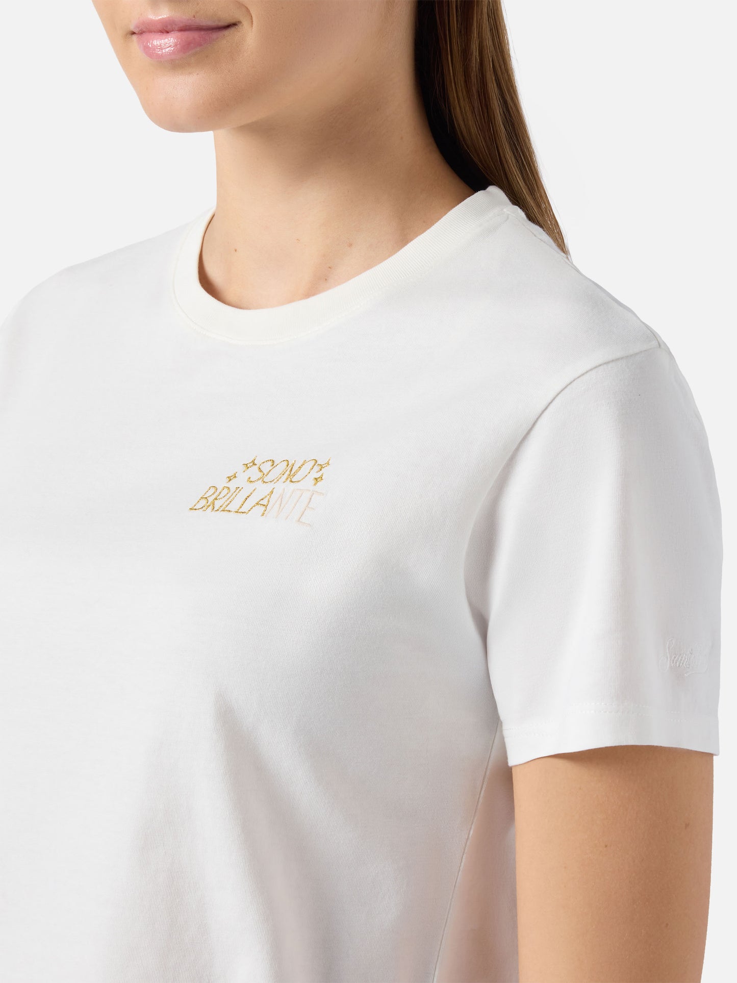 Emilie cotton T-shirt in white with Sono Brillante lurex embroidery
