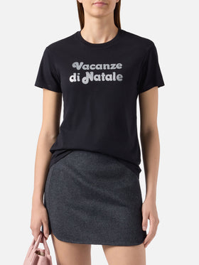 Emilie cotton T-shirt in black with Vacanze di Natale glitter print | VACANZE DI NATALE SPECIAL EDITION