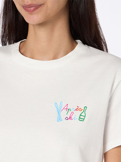 Woman heavy cotton white t-shirt Emilie with Apres ski rainbow embroidery