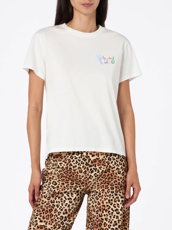 Woman white t-shirt Emilie with Apres ski rainbow embroidery