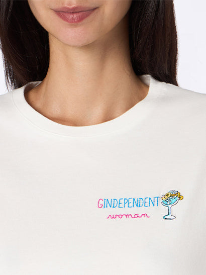 Woman white heavy cotton t-shirt Emilie with Gindependent woman embroidery