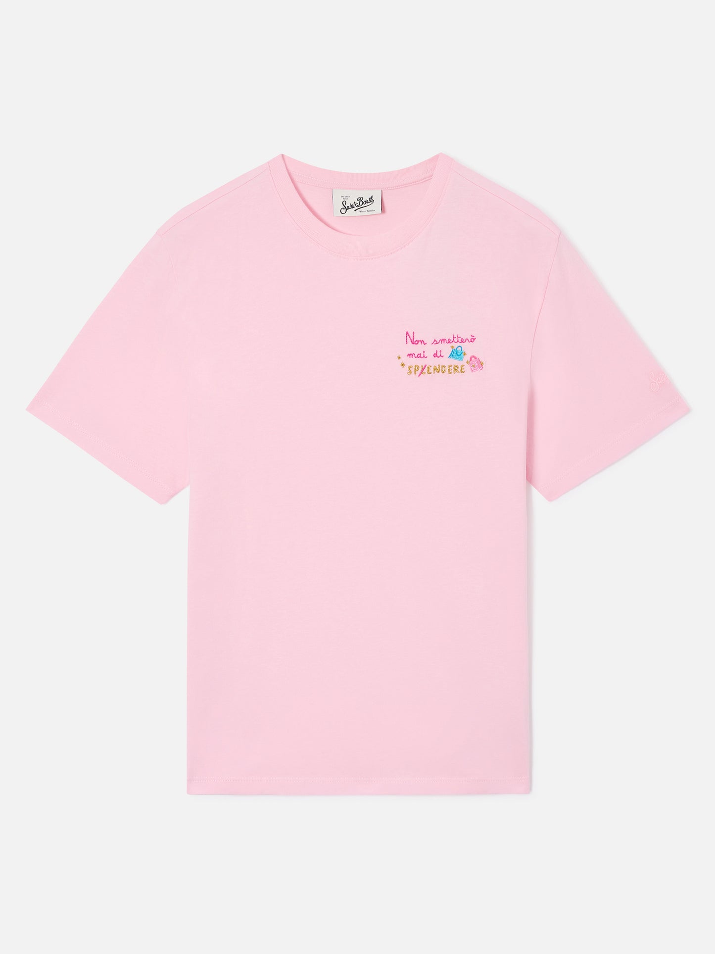 T-shirt Emilie rosa con ricamo Non smetterò mai di splendere