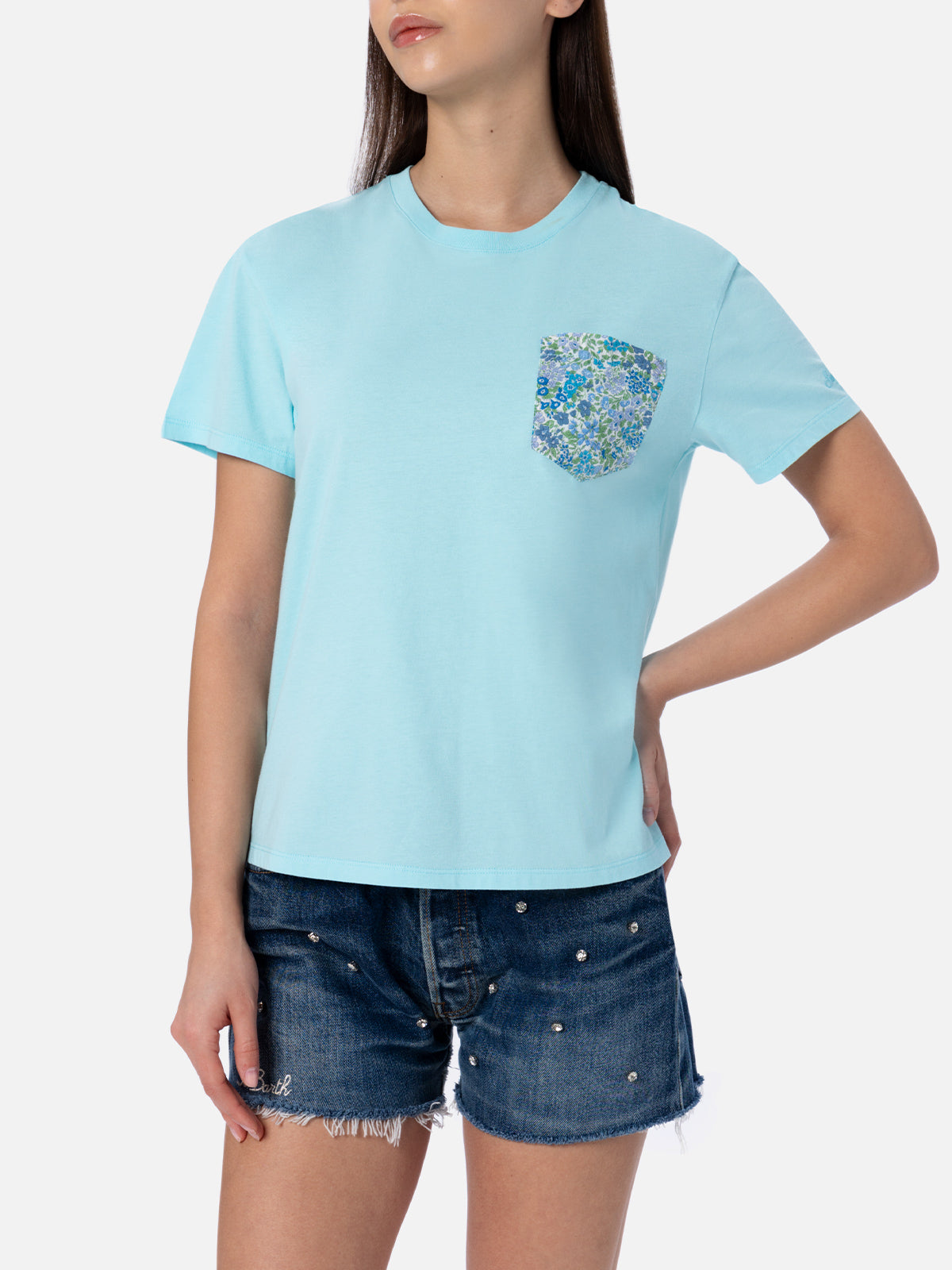 Woman cotton jersey crewneck t-shirt Emilie Joanna Luise patch pocket | MADE WITH LIBERTY FABRIC - MC2 Saint Barth