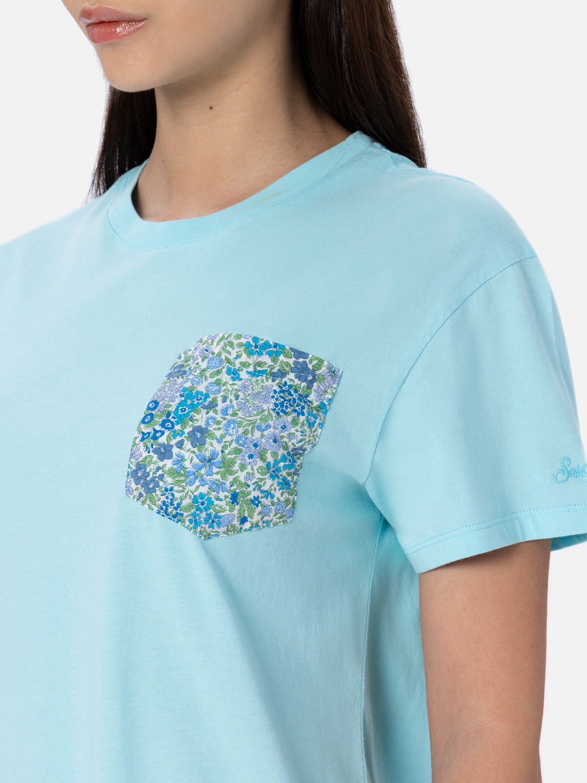 Woman cotton jersey crewneck t-shirt Emilie Joanna Luise patch pocket | MADE WITH LIBERTY FABRIC - MC2 Saint Barth