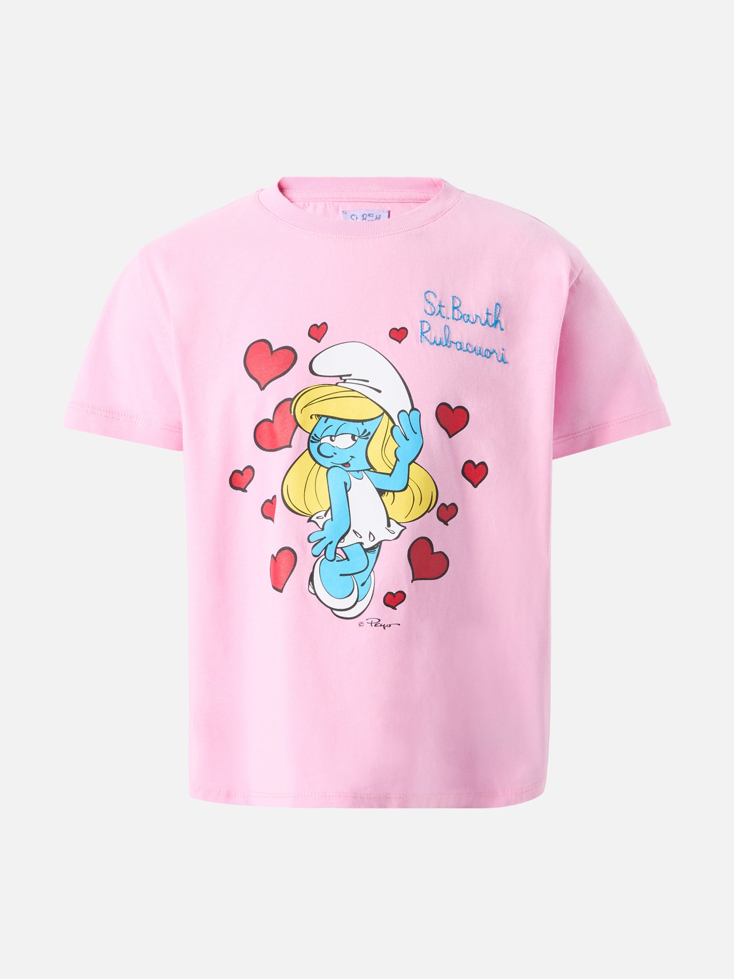 Cotton t-shirt Emma with Smurfette print and St. Barth Rubacuori embroidery