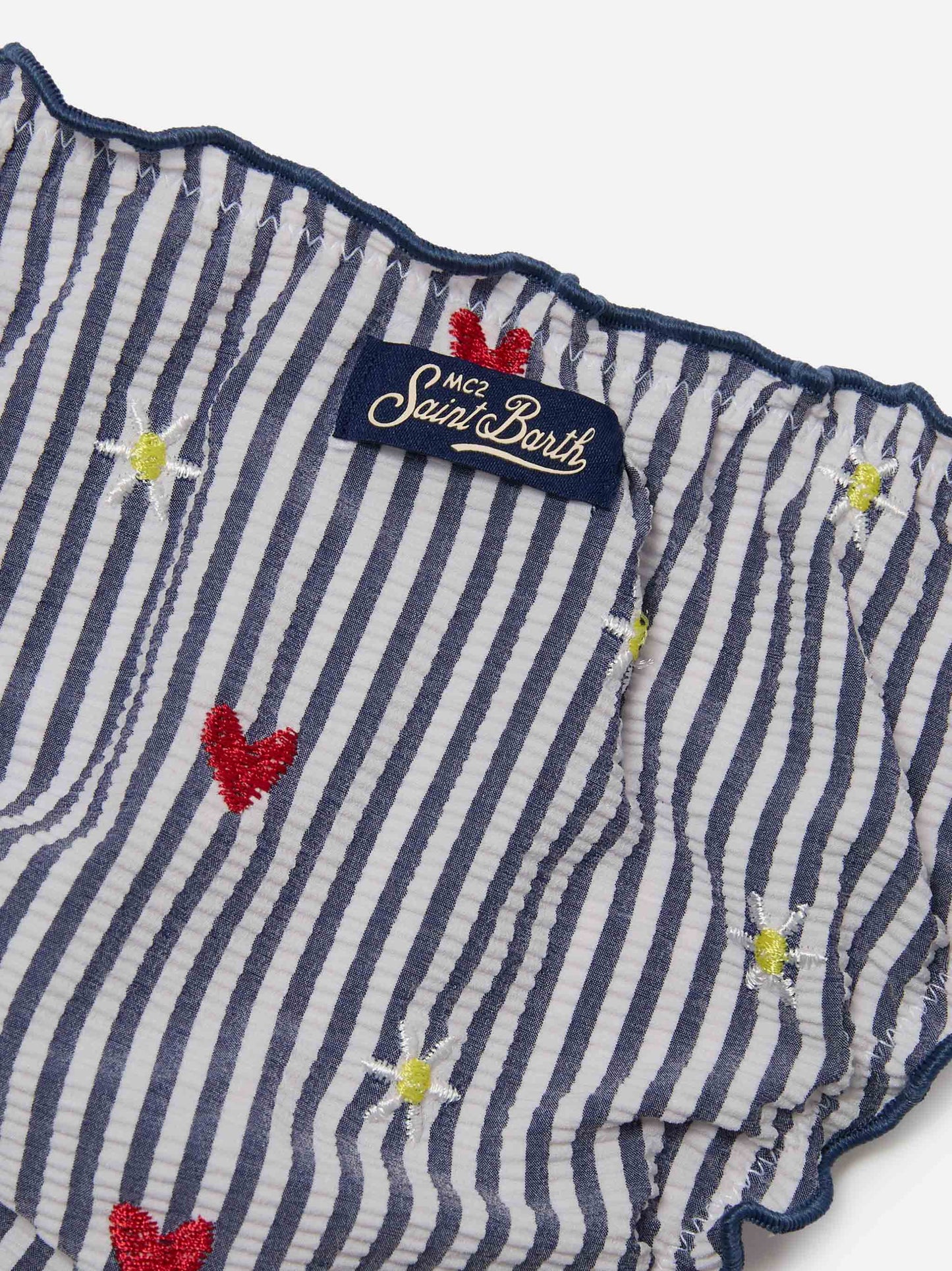 Bikini Emy bianco e navy in seersucker a righe con ricami