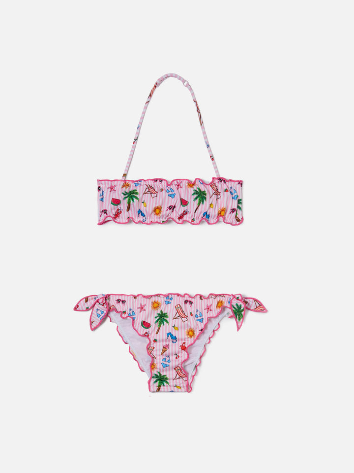 Bikini Emy bianco e rosa a righe con stampa funny all-over