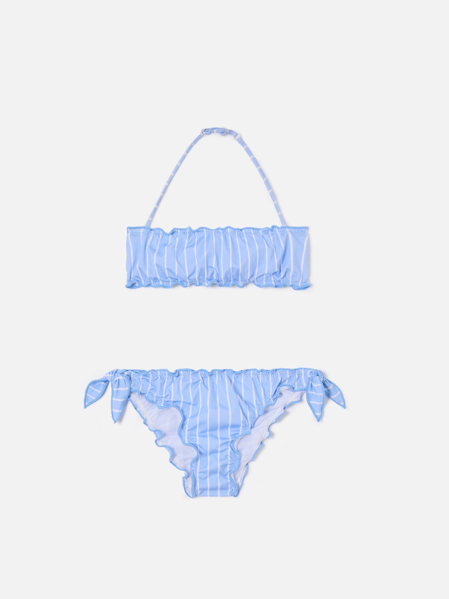 Bikini Emy a righe azzurre e bianche con bordi arricciati