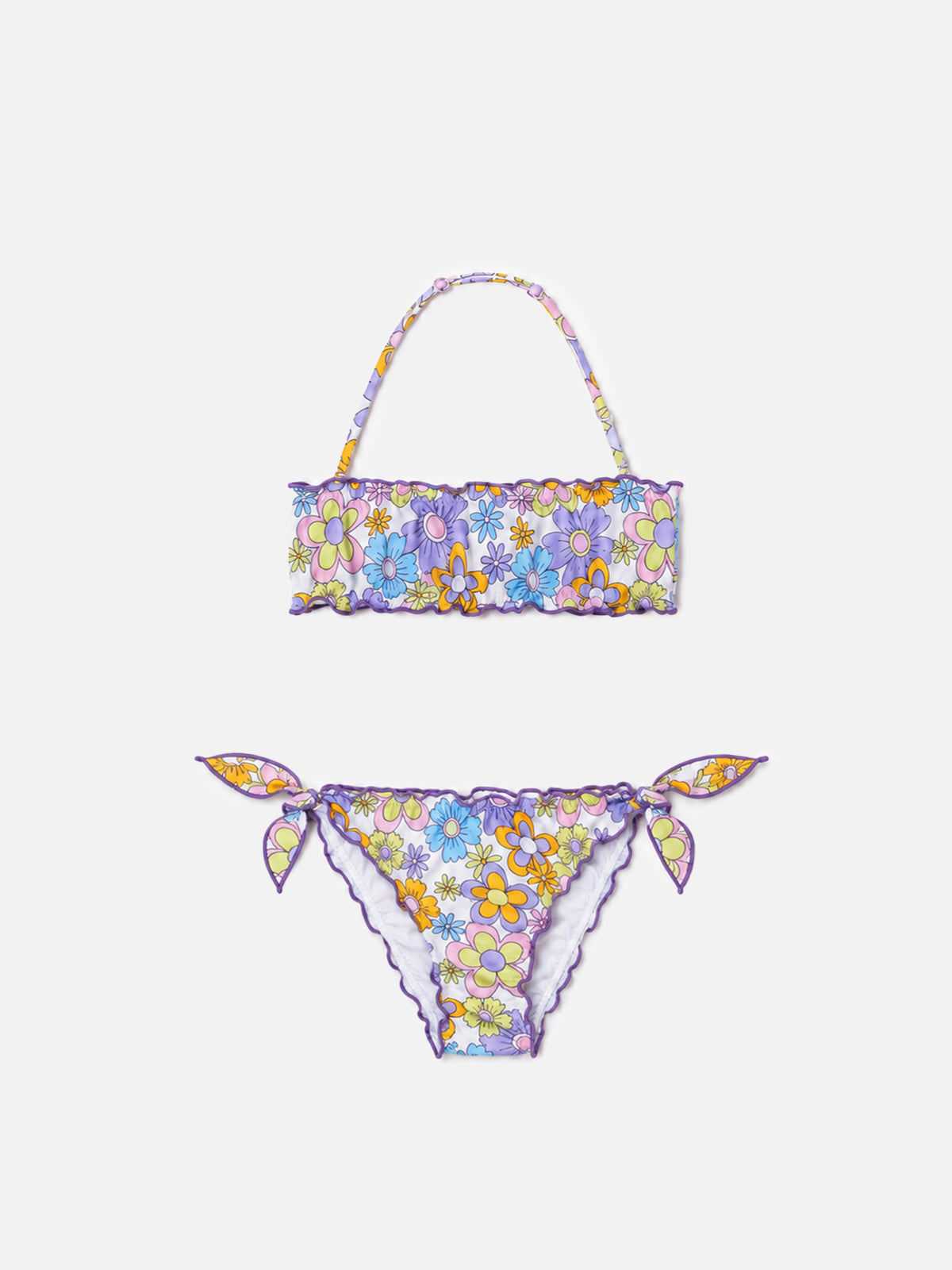 Bikini da bambina a fascia con stampa fiori multicolore