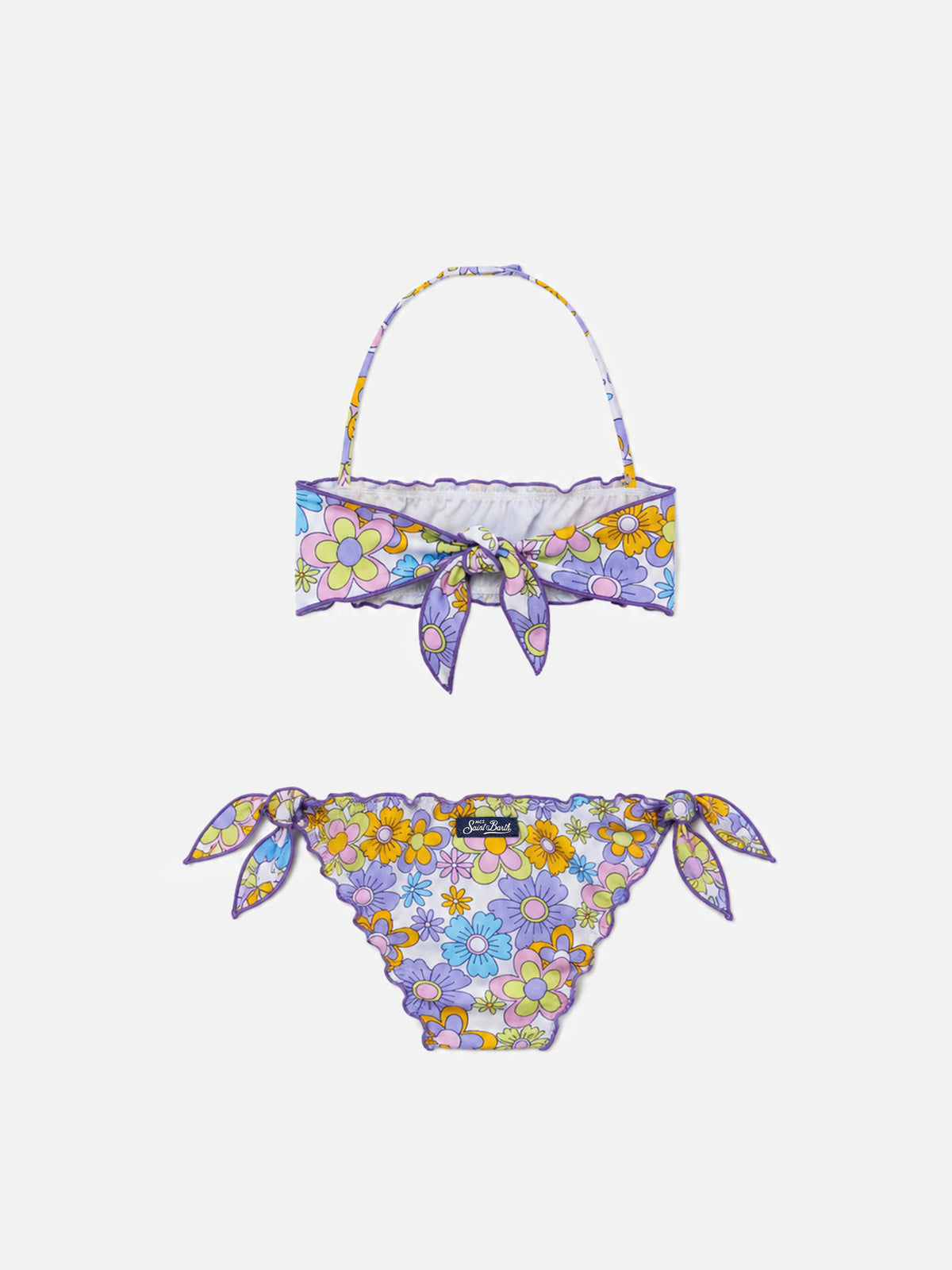 Bikini da bambina a fascia con stampa fiori multicolore
