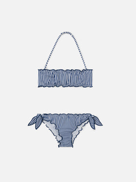 Emy white and blue striped bikini with ruffled edges
