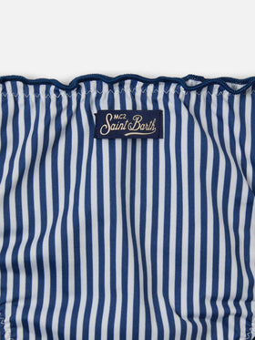 Emy white and blue striped bikini with ruffled edges