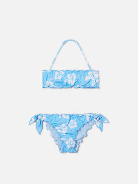 Bikini a fascia Emy azzurro con stampa ibisco