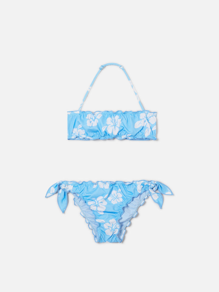 Emy hellblauer Bandeau-Bikini mit Hibiskus-Print 