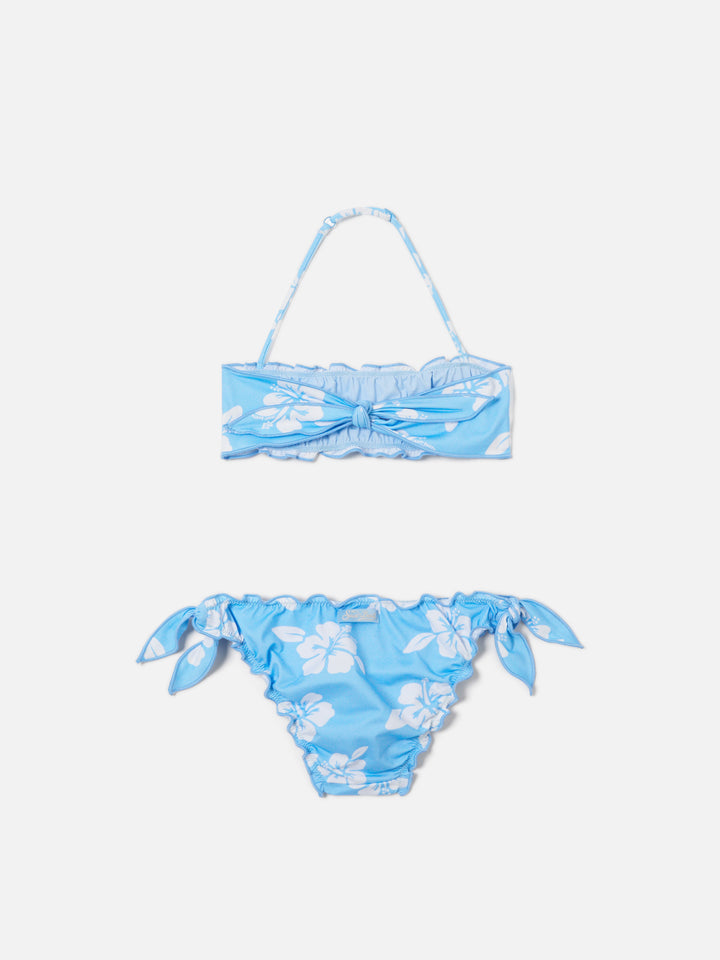 Emy hellblauer Bandeau-Bikini mit Hibiskus-Print 