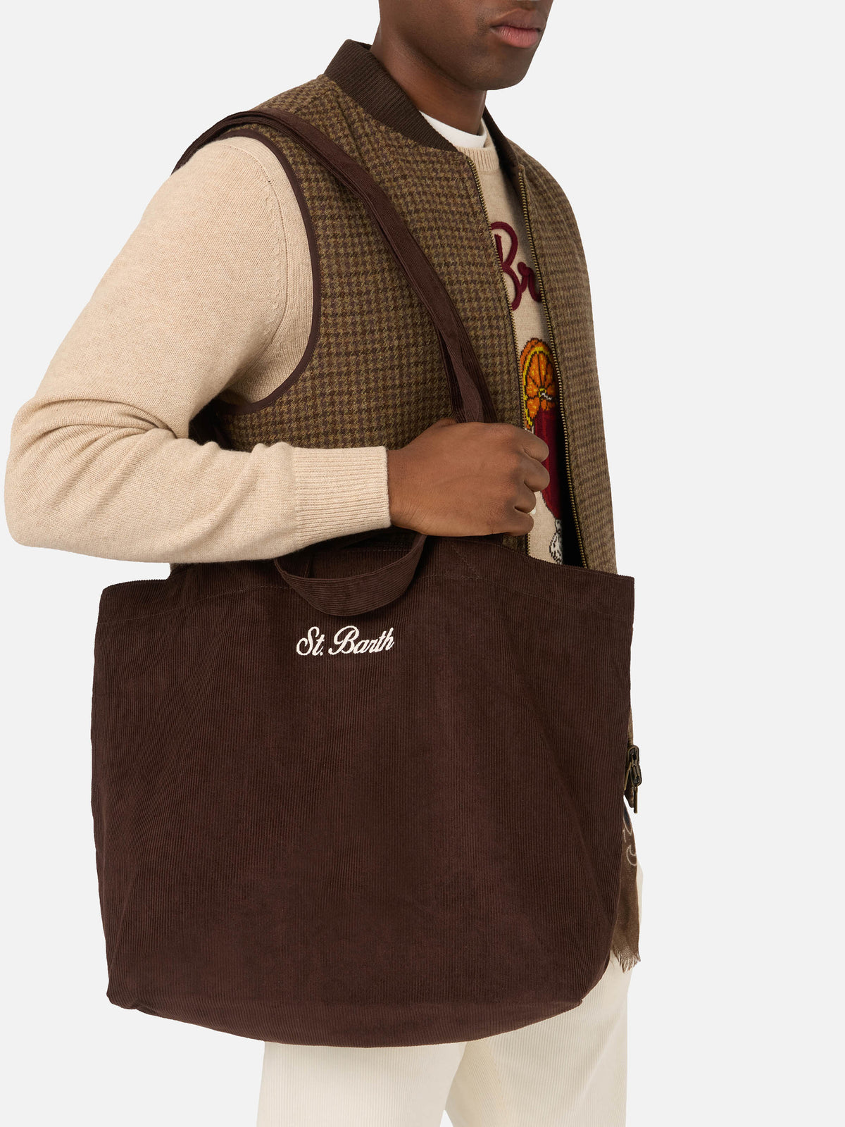 Shopper Essential marrone in velluto a coste con ricamo logo