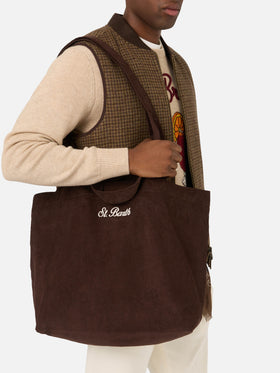 Shopper Essential marrone in velluto a coste con ricamo logo