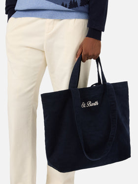 Navy blue Essential corduroy tote bag with logo embroidery