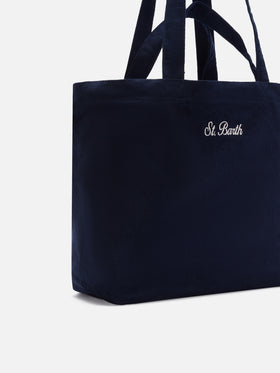 Shopper Essential blu navy in velluto a coste con ricamo logo