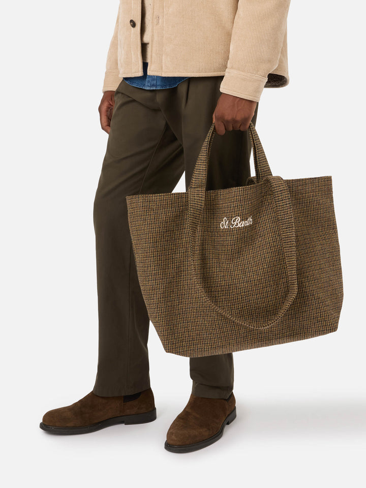 Beige Essential wool blend tote bag with houndstooth pattern
