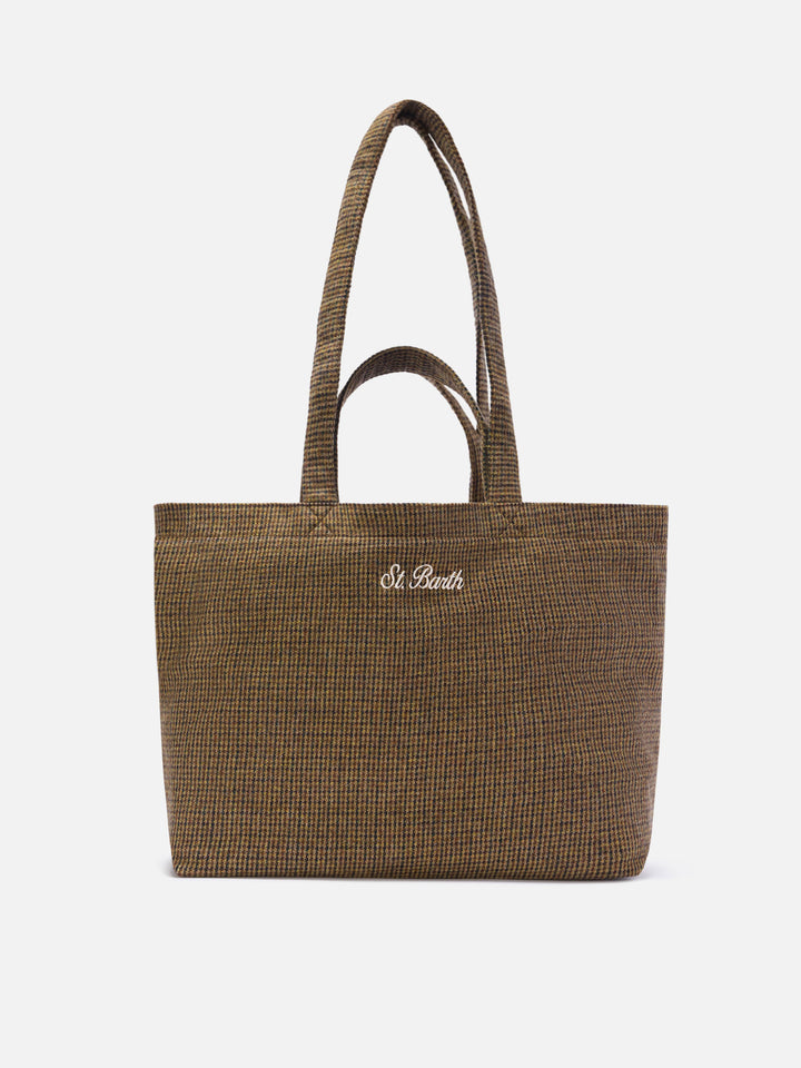 Beige Essential wool blend tote bag with houndstooth pattern