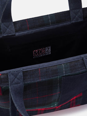 Bolso esencial tote con denim patchwork y tartán 
