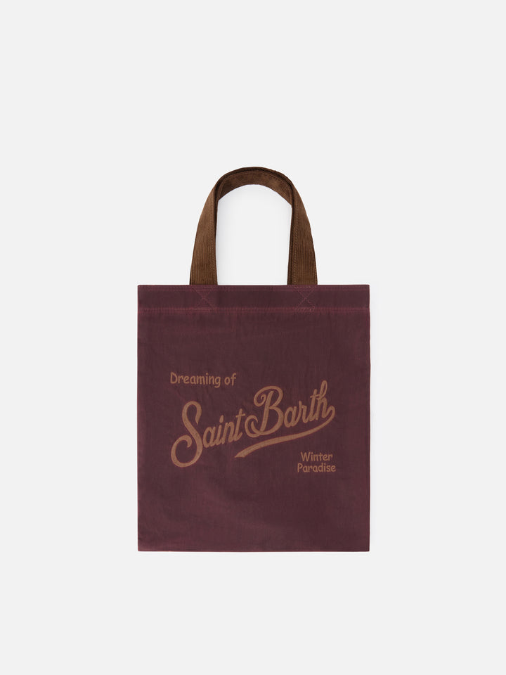 Shopper Mini Essential bordeaux in tessuto cerato con ricamo logo