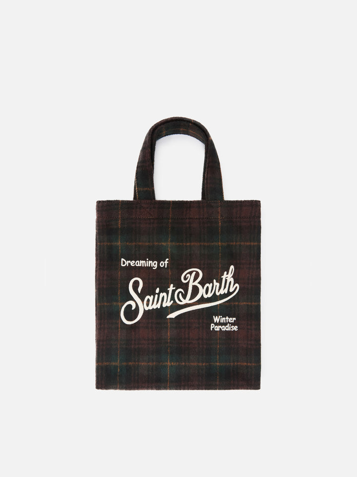 Mini Essential wool blend tote bag with tartan pattern