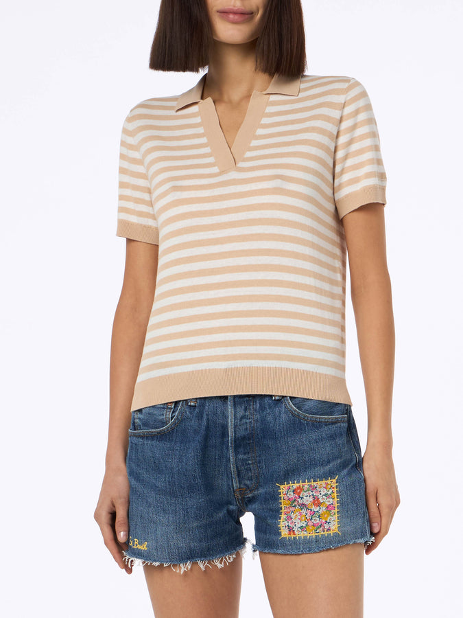 Mc2 Saint Barth Woman beige striped knitted polo Evonne