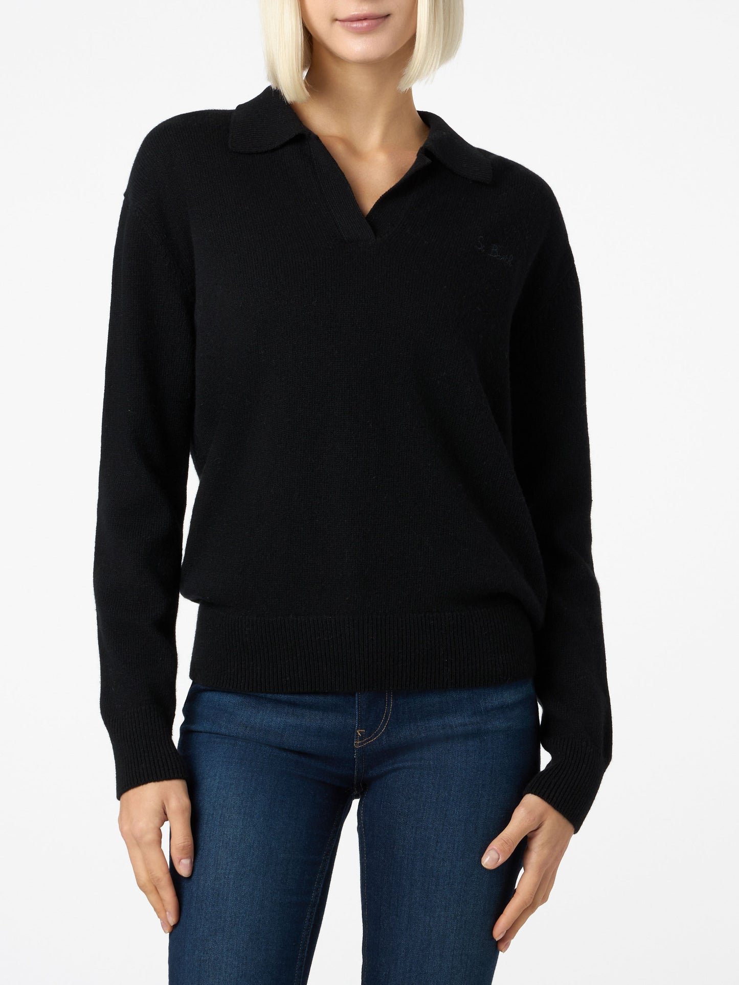 Maglia Eze in misto cashmere nero con colletto polo