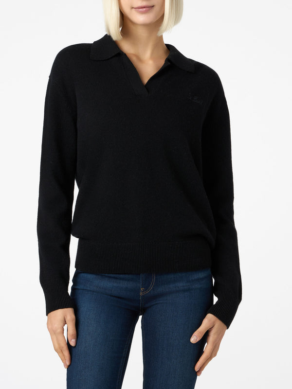 Woman black cashmere blend sweater Eze with polo collar