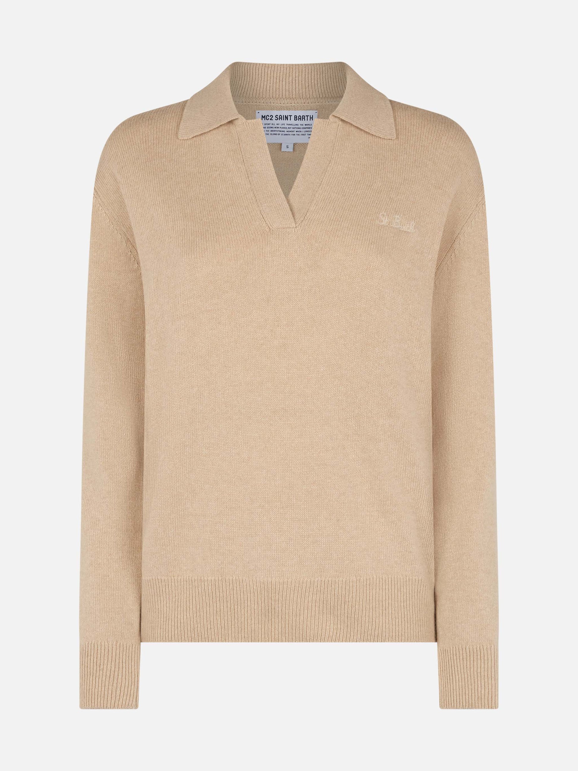 Woman beige cashmere blend sweater Eze with polo collar - MC2 Saint Barth