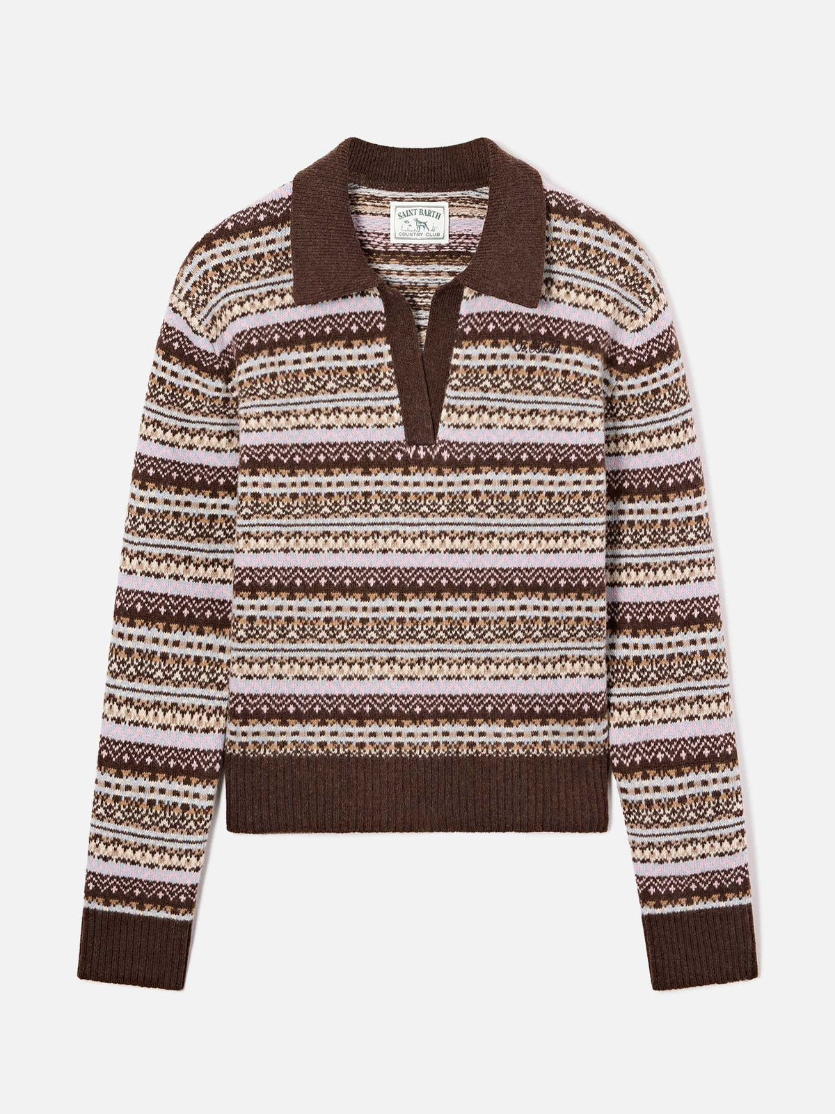 Eze wool blend polo collar knit with fair isle pattern