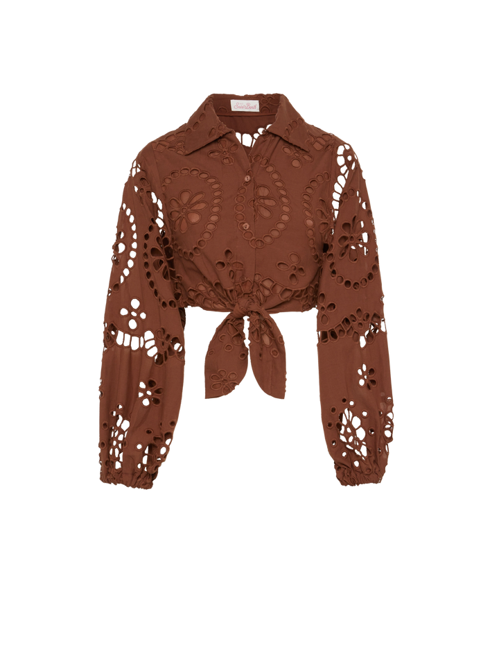 Camicia in Sangallo di cotone marrone cammello Febe