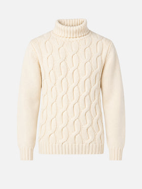 Maglia Fisherman in misto cashmere panna lavorazione trecce