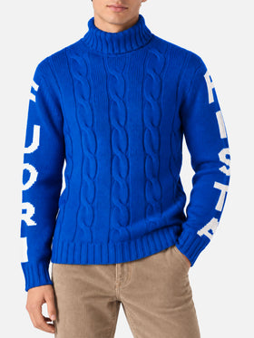 Pull à col roulé en maille torsadée style pêcheur avec jacquard Fuori pista bleu 