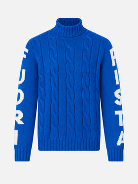 Pull à col roulé en maille torsadée style pêcheur avec jacquard Fuori pista bleu 