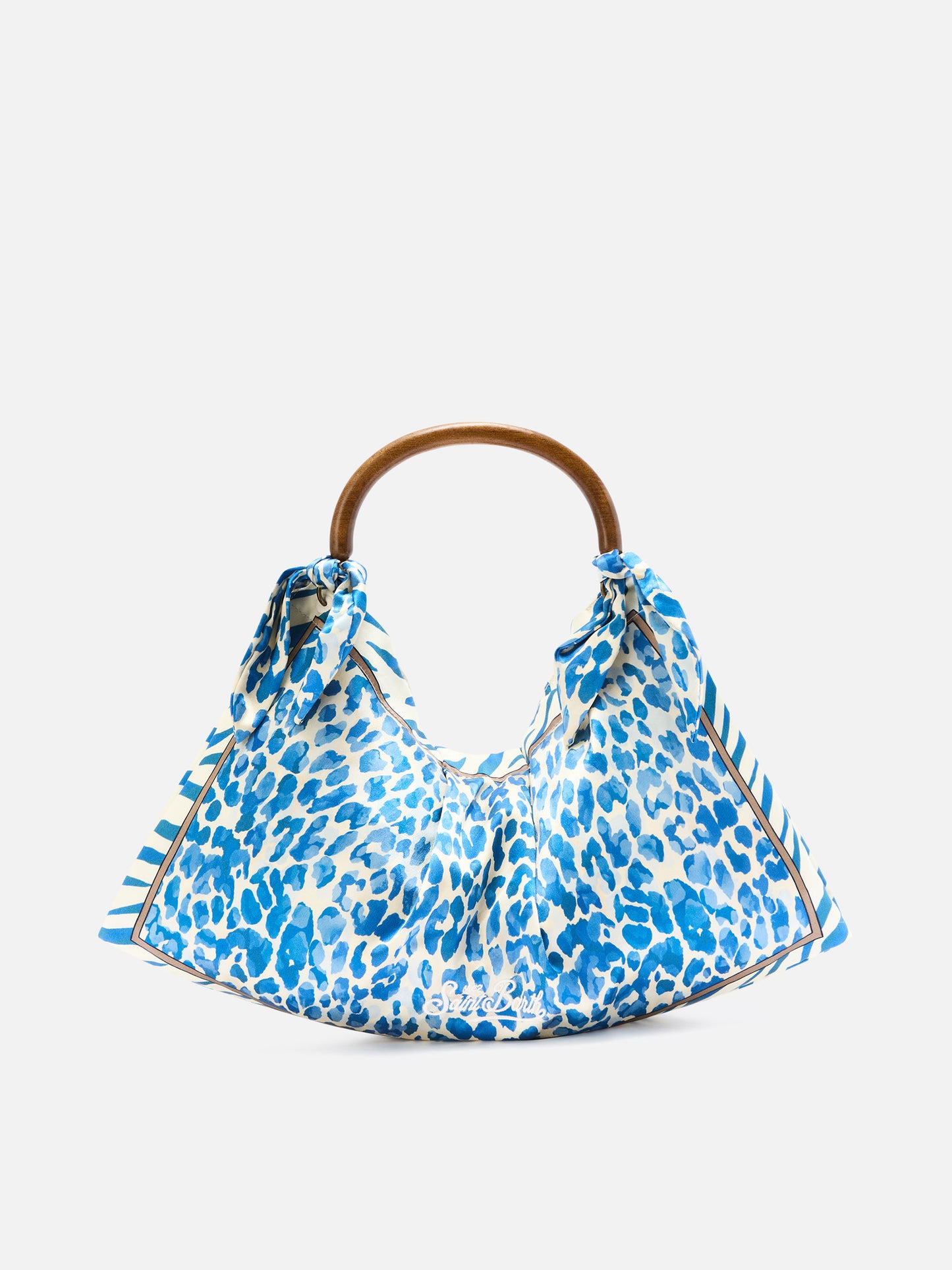 Foulard silk bag with wooden handle and animal print