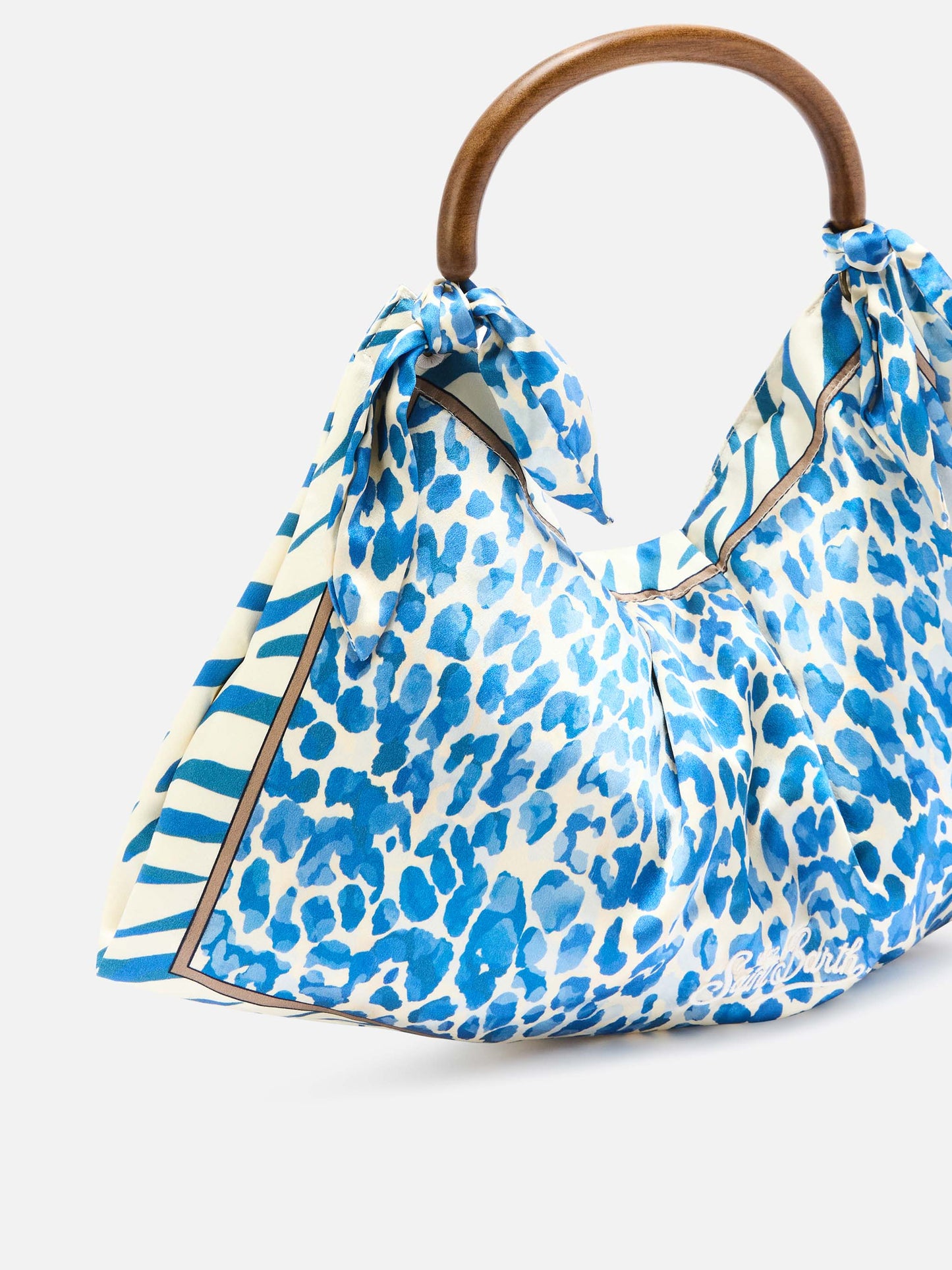 Foulard silk bag with wooden handle and animal print