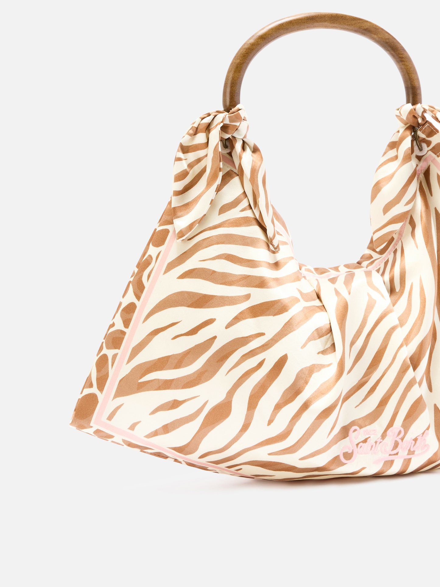Seidentasche als Foulard mit Holzgriff und Animal-Print 