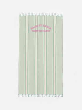 Light cotton beach towel Fouta with water green striped print and embroidery