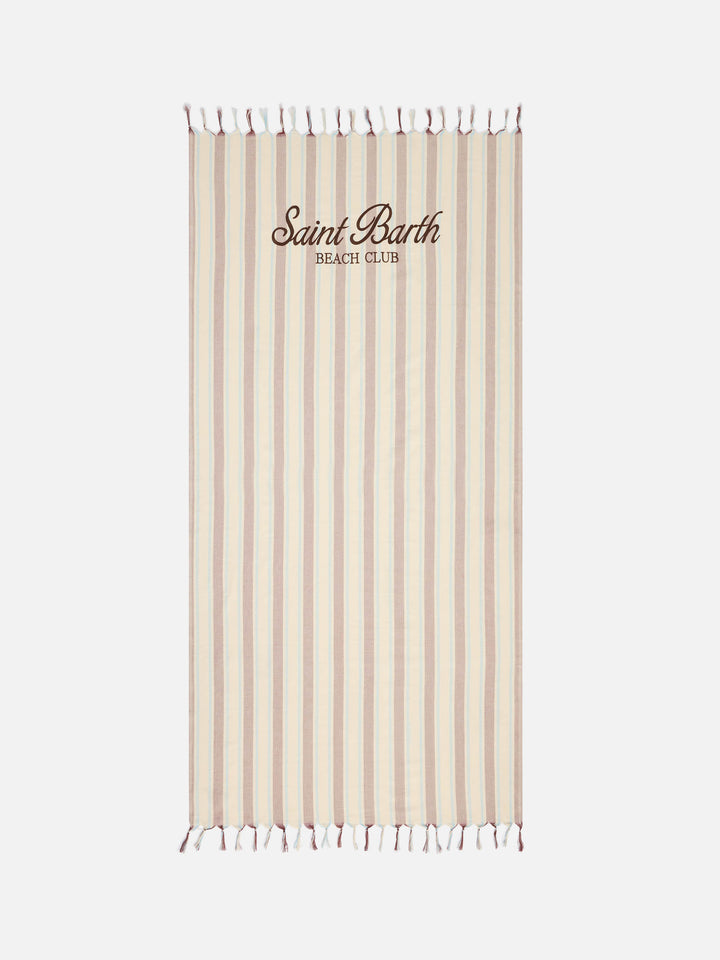 Foutas Lightbeach towel with beige and light blue stripes and embroidered logo