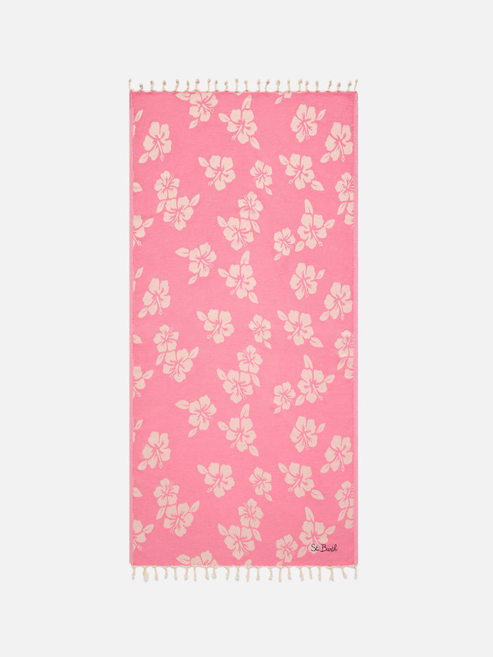Telo mare Foutas in cotone jacquard rosa con fantasia hibiscus