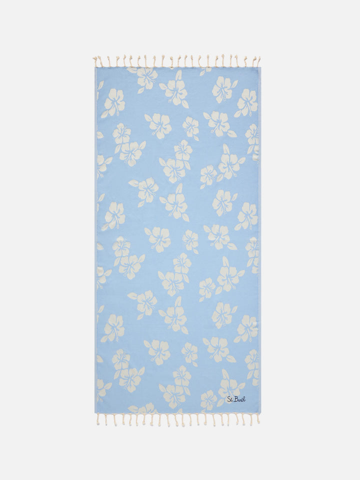 Telo mare Foutas in cotone jacquard azzurro con fantasia hibiscus