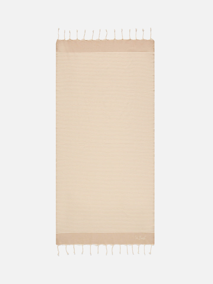Telo mare Foutas a righe piccole beige e bianche