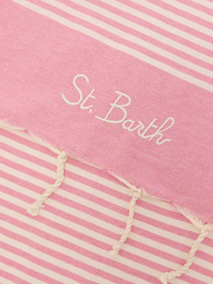 Telo mare Foutas a righe piccole rosa e bianche