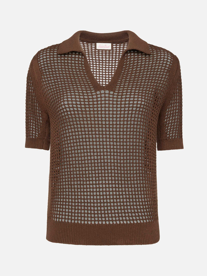 Flora braunes Häkelpolo aus Mesh