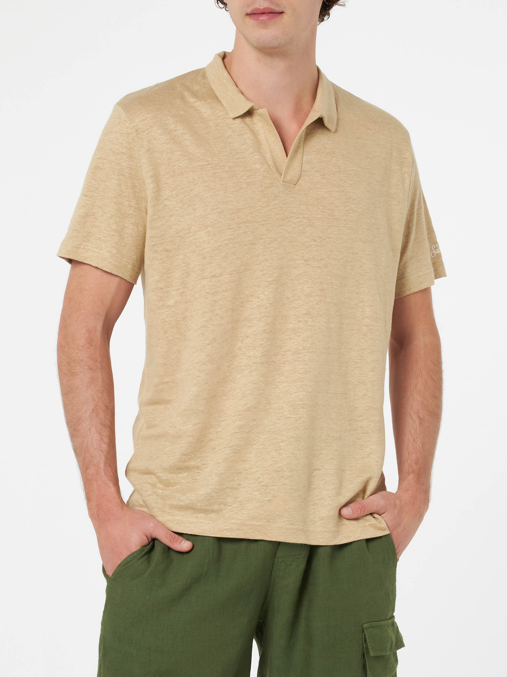 Polo senza bottoni in lino beige Fraser – MC2 Saint Barth