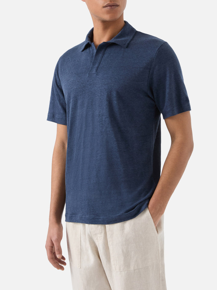 Polo Fraser in puro lino blu navy tinta unita