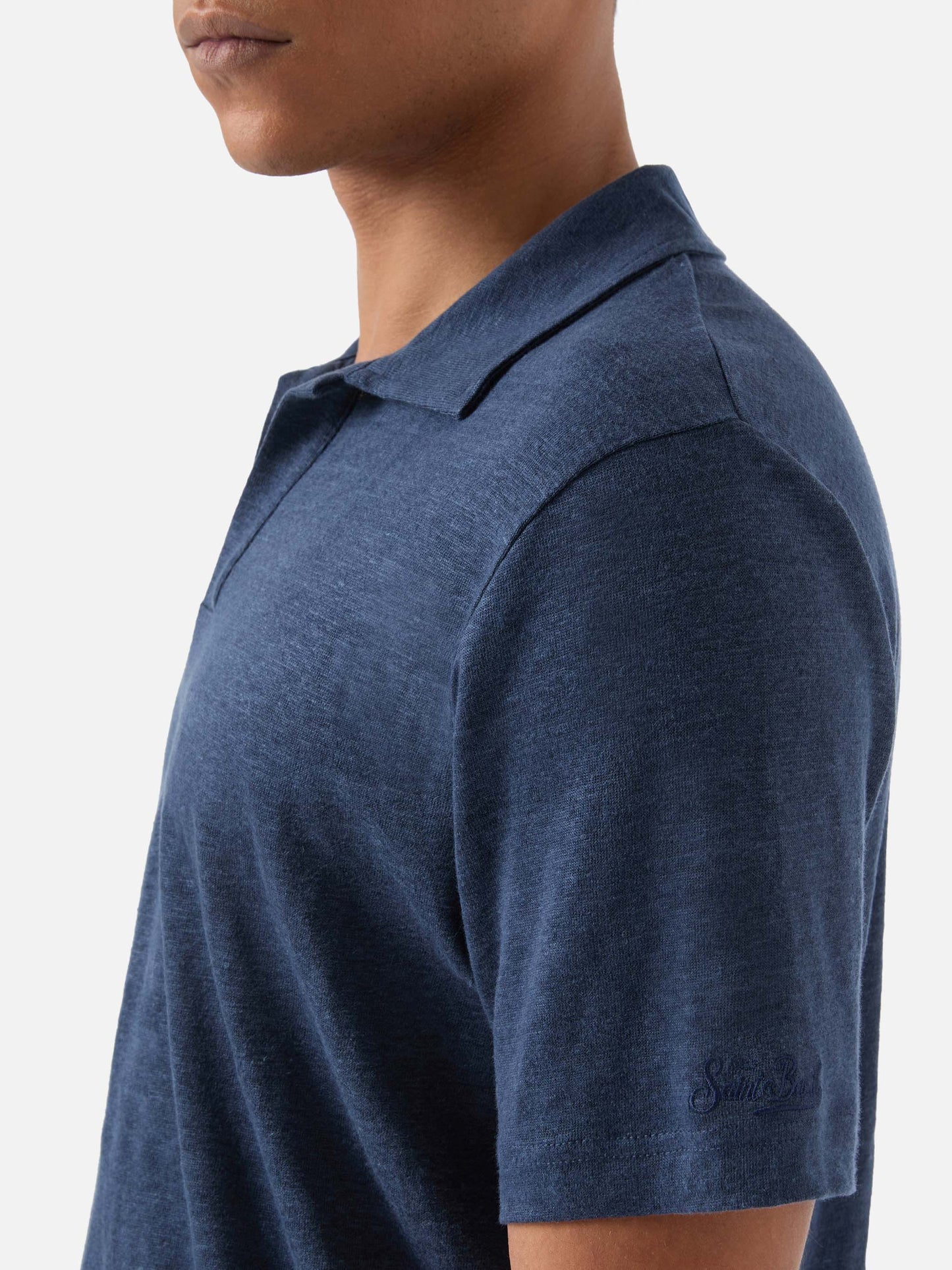 Polo Fraser in puro lino blu navy tinta unita